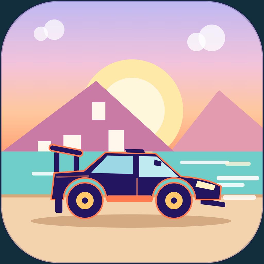 Island Rally icon showing a dark blue rally car beside an island village at sunset