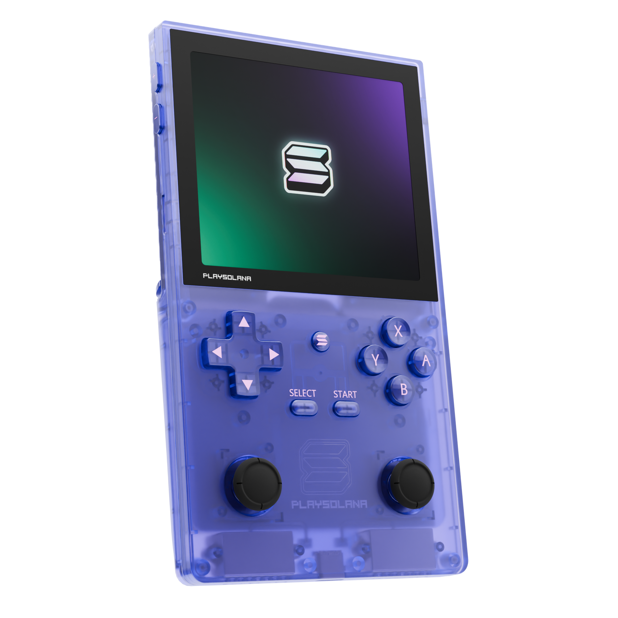 Official render of the transparent blue PSG1 portrait handheld with fixed controls